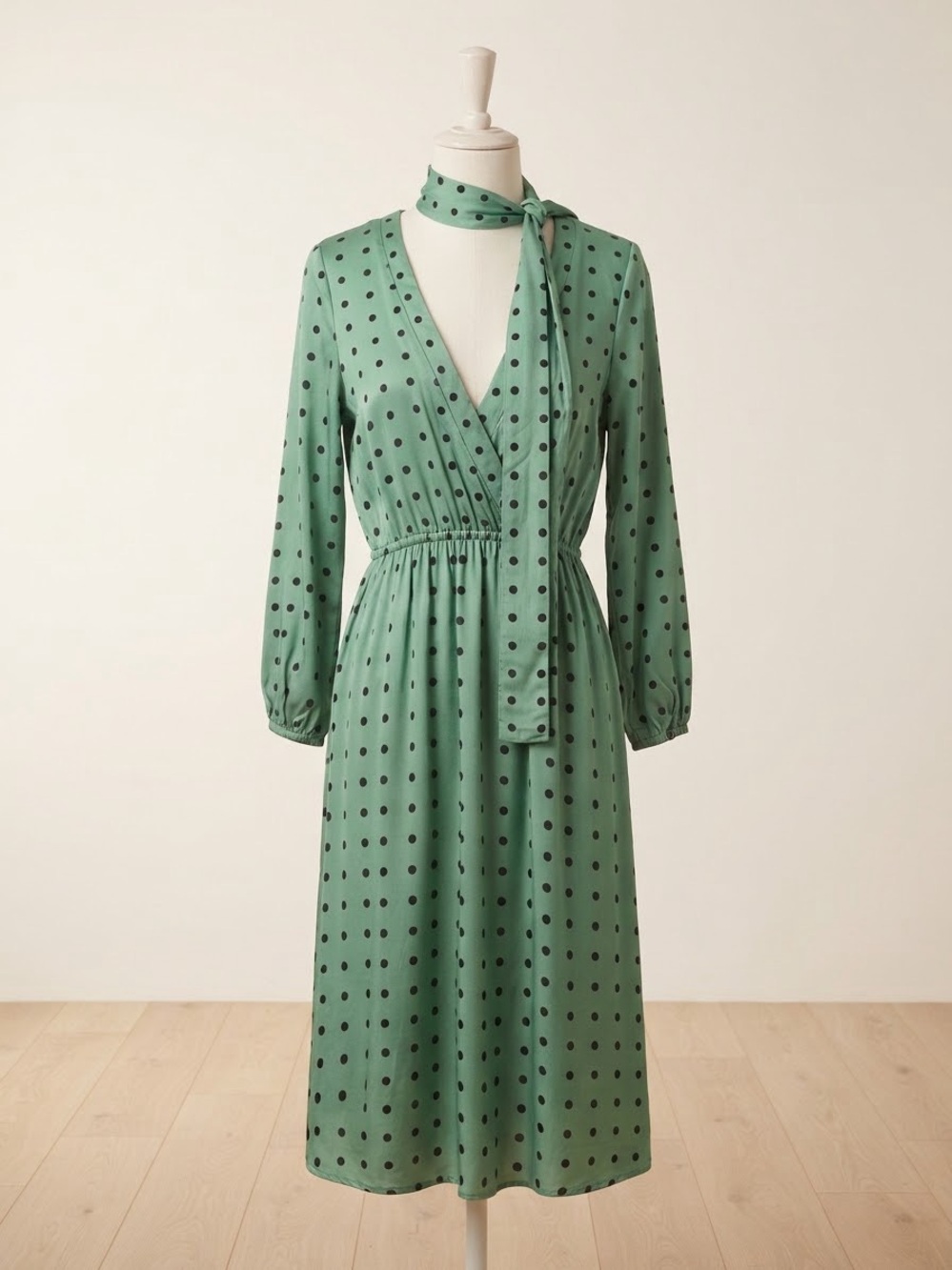 Green Polka Dot Tie-Neck Midi Dress